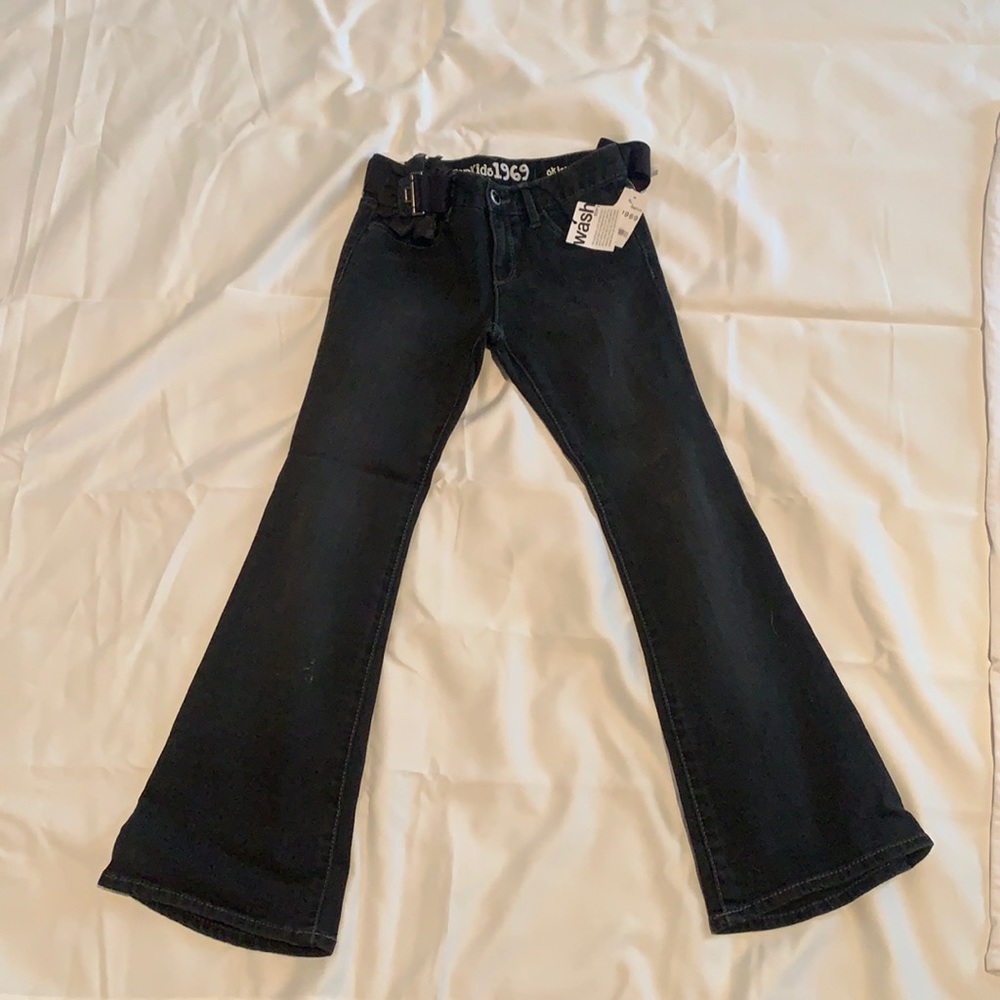 Girls Gap kids flared black jeans with bow belt